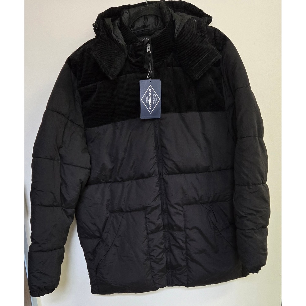 St Johns Bay Mens XLT Black Puffer Jacket Corduroy Yoke Hooded Full Zip Coat